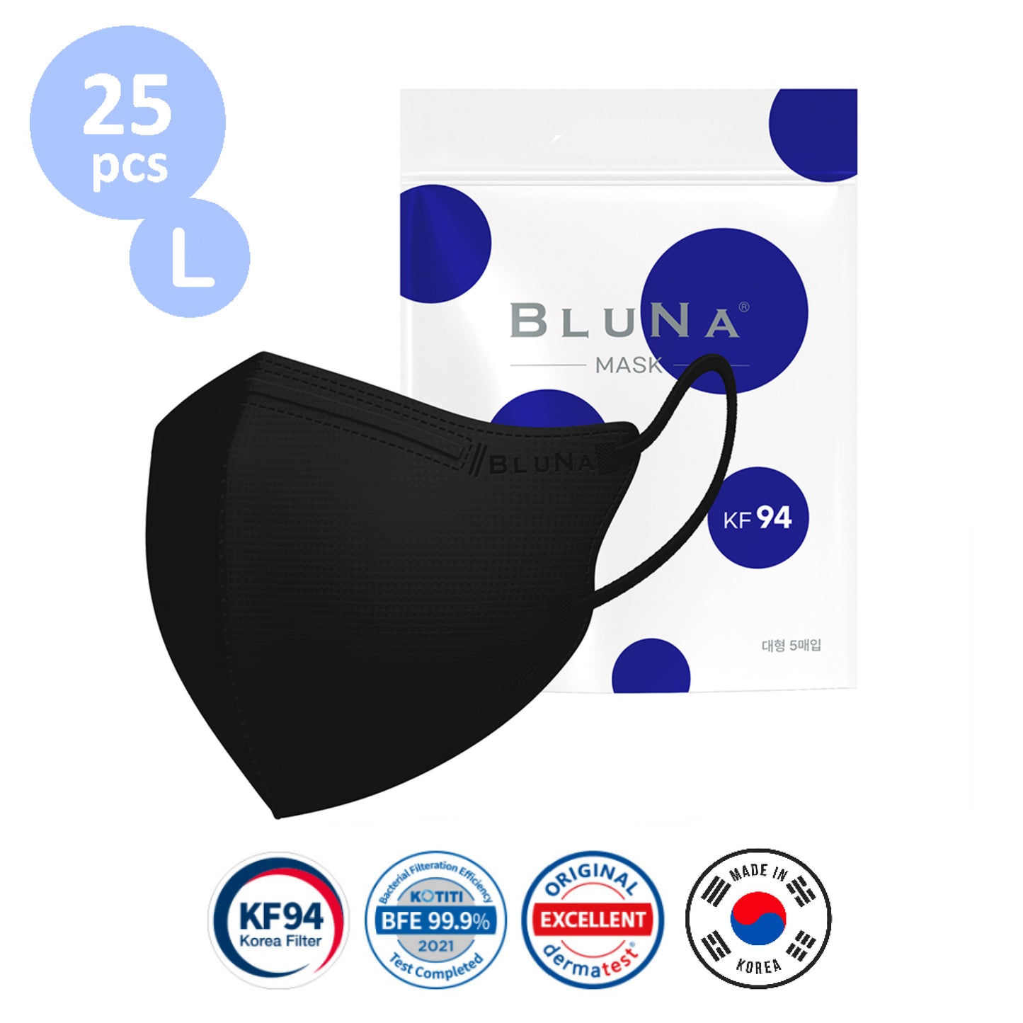 Large size Bluna 2D KF94 masks 25 pcs (5pcs per pack x 5 packs) Black colour Made in Korea