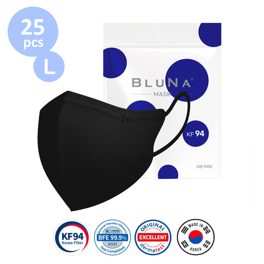 Large size Bluna 2D KF94 masks 25 pcs (5pcs per pack x 5 packs) Black colour Made in Korea