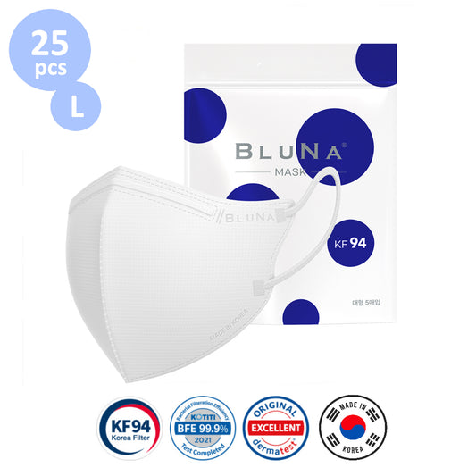 Large size Bluna 2D KF94 masks 25 pcs (5pcs per pack x 5 packs) White colour Made in Korea