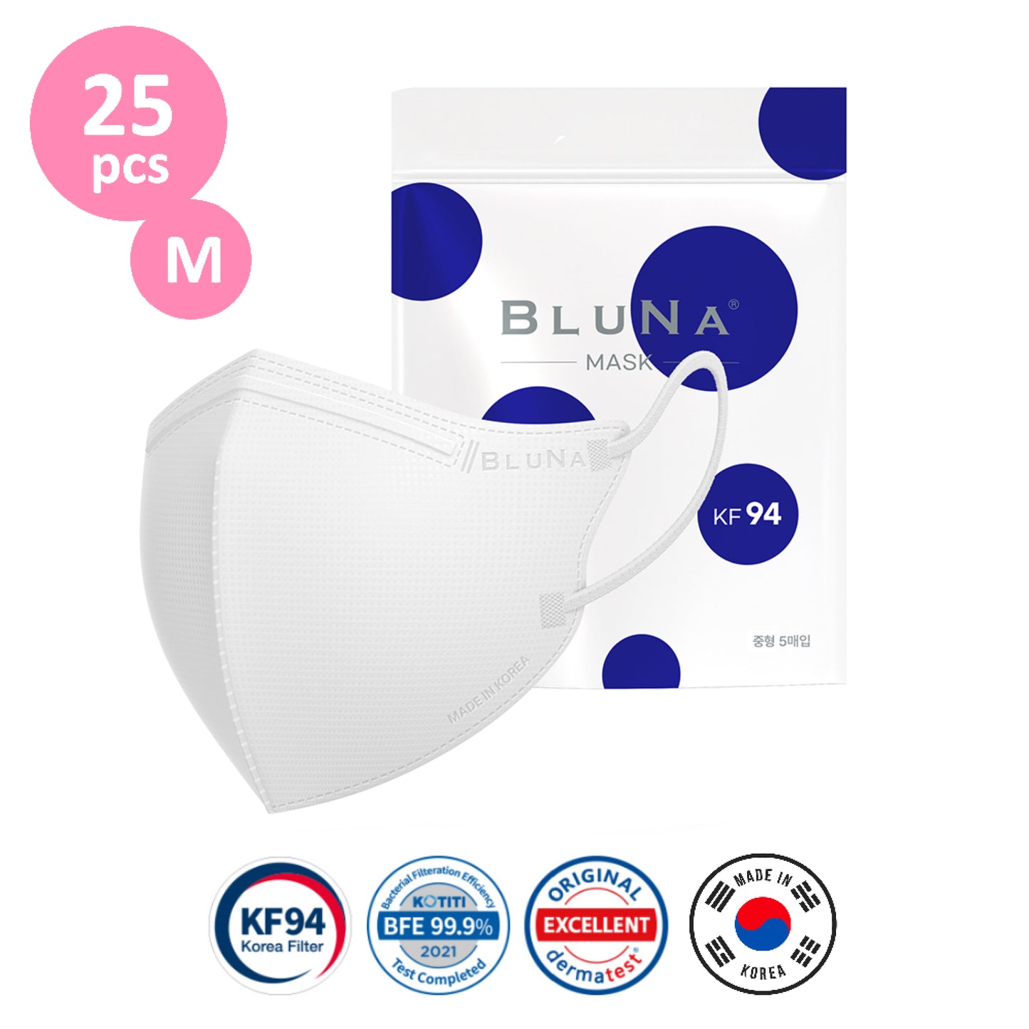 Medium size Bluna 2D KF94 masks 25 pcs (5pcs per pack x 5 packs) White colour Made in Korea