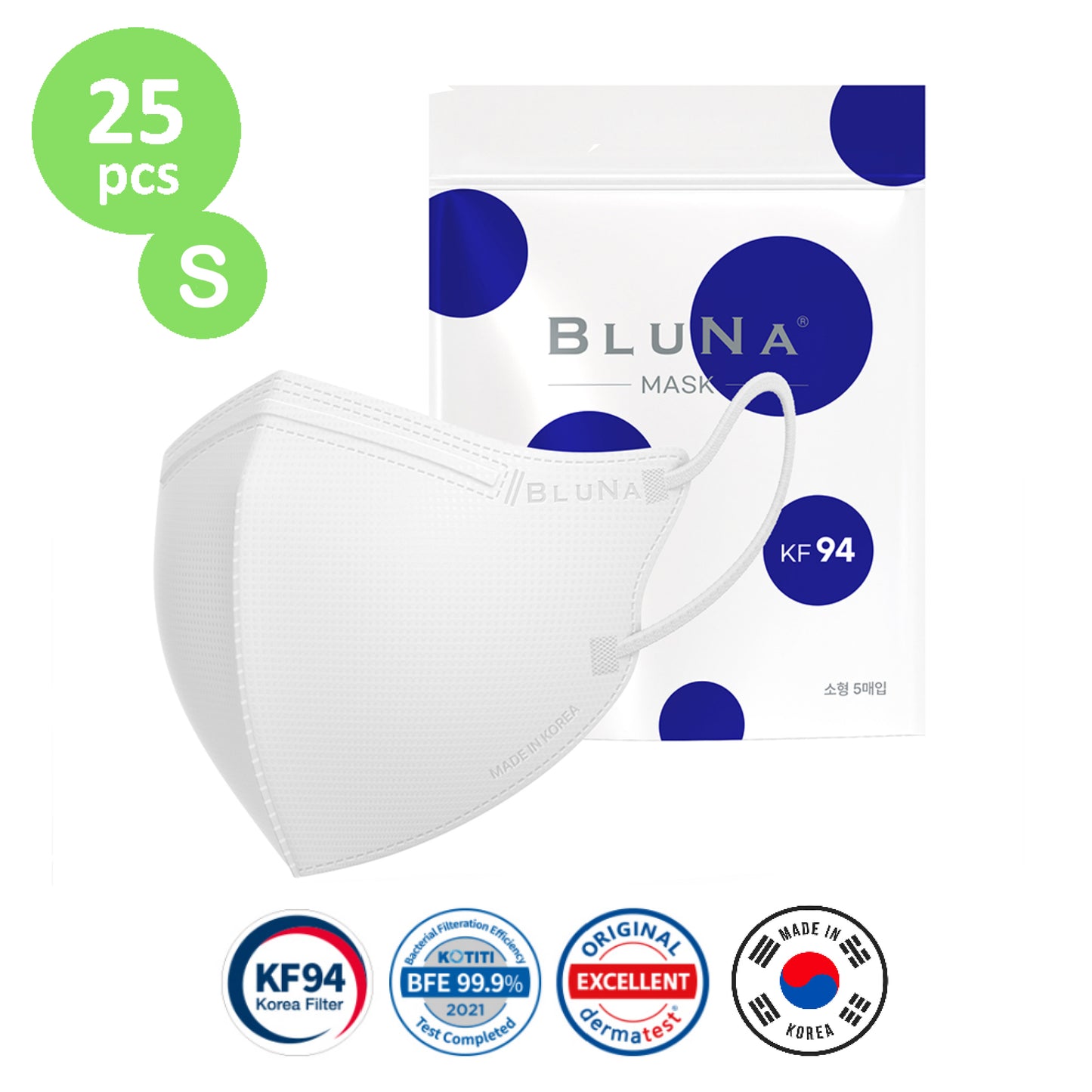 Small size Bluna 2D KF94 masks 25 pcs (5pcs per pack x 5 packs) White colour Made in Korea