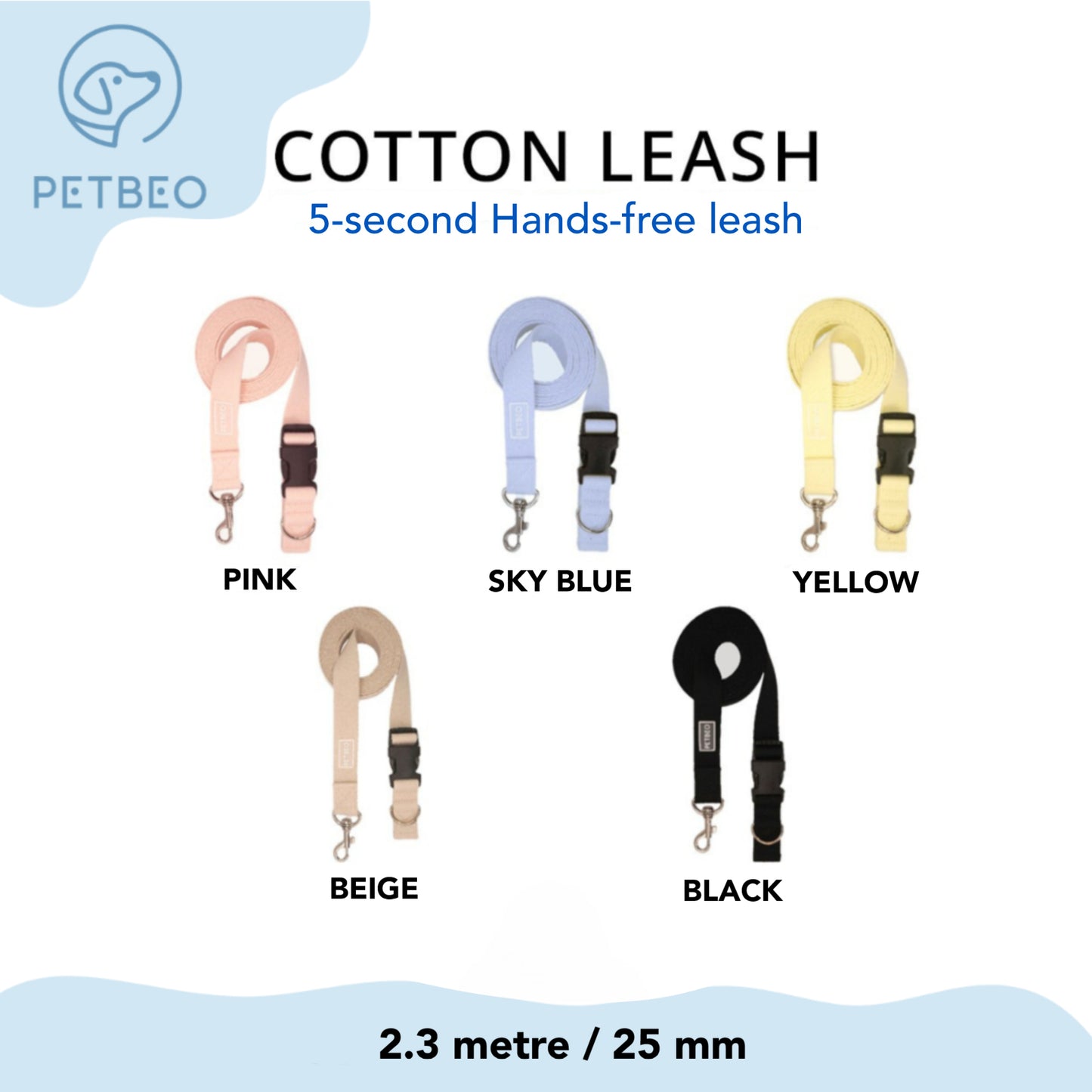 PETBEO HANDS FREE Adjustable Pet Leash Yellow Cotton 2.3m / 25mm