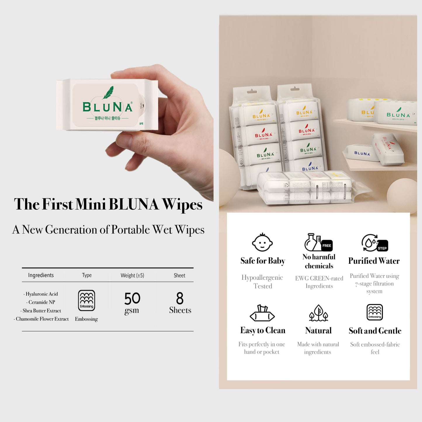 Bluna Mini pocket-sized wet wipes (8 sheets x 8 packs x 10 packs)