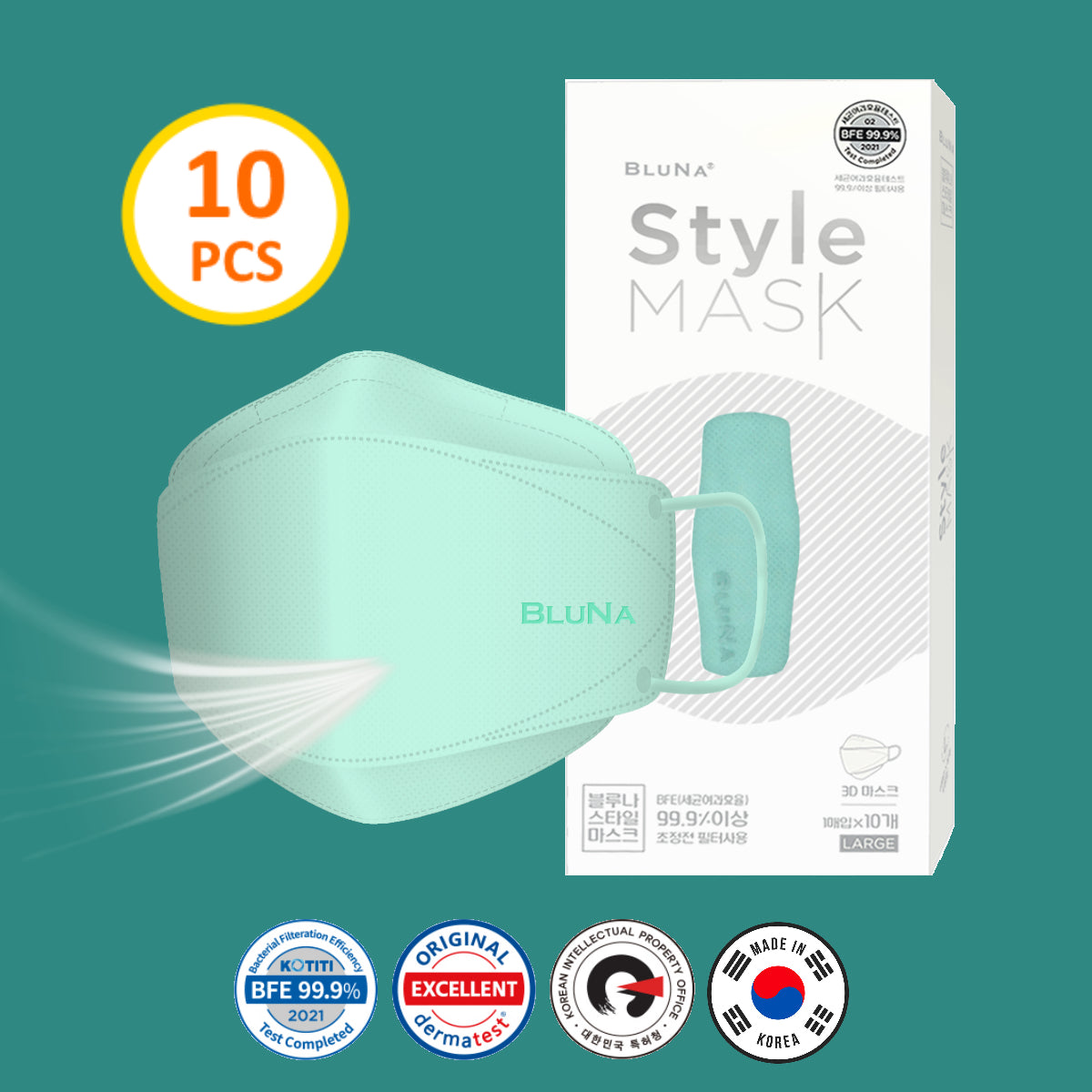 BLUNA 3D Adult Style Mask, Mint Colour, BFE 99.9%